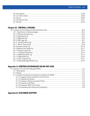 Page 19Table of Contents xvii
24.1.26 shutdown ...............................................................................................................................................24-38
24.1.27 sniffer-redirect ......................................................................................................................................24-39
24.1.28 use...