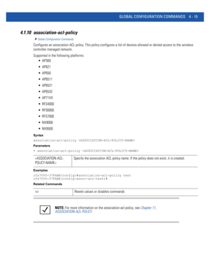 Page 181GLOBAL CONFIGURATION COMMANDS 4 - 15
4.1.10 association-acl-policy
Global Configuration Commands
Configures an association ACL policy. This policy configures a list of devices allowed or denied access to the wireless 
controller managed network.
Supported in the following platforms:
 AP300
 AP621
 AP650
 AP6511
 AP6521
 AP6532
 AP71XX
 RFS4000
 RFS6000
 RFS7000
 NX9000
 NX9500
Syntax
association-acl-policy 
Parameters
• association-acl-policy 
Examples
rfs7000-37FABE(config)#association-acl-policy test...