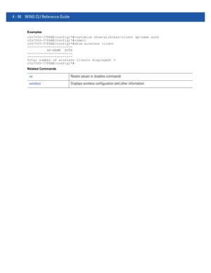 Page 2164 - 50 WiNG CLI Reference Guide
Examples
rfs7000-37FABE(config)*#customize show-wireless-client ap-name auth
rfs7000-37FABE(config)*#commit
rfs7000-37FABE(config)*#show wireless client
-----------------------
          AP-NAME  AUTH
-----------------------
-----------------------
Total number of wireless clients displayed: 0
rfs7000-37FABE(config)*#
Related Commands
noResets values or disables commands
wirelessDisplays wireless configuration and other information 