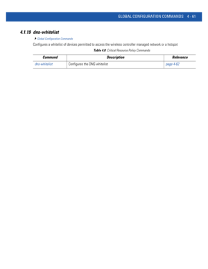 Page 227GLOBAL CONFIGURATION COMMANDS 4 - 61
4.1.19 dns-whitelist
Global Configuration Commands
Configures a whitelist of devices permitted to access the wireless controller managed network or a hotspot
Table 4.8Critical Resource Policy Commands
Command Description Reference
dns-whitelistConfigures the DNS whitelistpage 4-62 