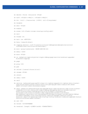 Page 233GLOBAL CONFIGURATION COMMANDS 4 - 67
do delete /force /recursive 
do diff [|] [|]
do dir {/all} {/recursive} {} {all-filesystems}
do disable
do edit 
do enable
do erase [cf:|flash:|nvram:|startup-config|usb1]
do exit
do format cf:
do halt {on }
do help {[search|show]}
do logging monitor {[|alerts|critical|debugging|emergencies|errors|
informational|notification|warnings]}
do mint [ping|traceroute] 
do mkdir 
do more 
do no [adoption|captive-portal|crypto|debug|page|service|terminal|upgrade|...