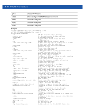 Page 2904 - 124 WiNG CLI Reference Guide
Examples
rfs7000-37FABE(config)#profile RFS7000 test1
rfs7000-37FABE(config-profile-test1)#?
Profile Mode commands:
  aaa                             VPN AAA authentication settings
  adopted-mode                    Set Device Running in Adopted Mode
  ap-upgrade                      AP firmware upgrade
  ap300                           Adopt/unadopt AP300 device to this
                                  profile/device
  arp                             Address Resolution...