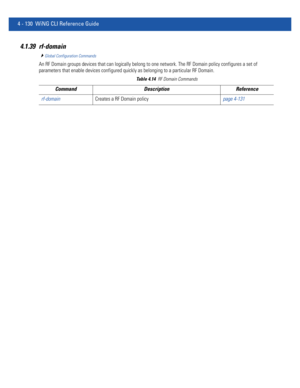 Page 2964 - 130 WiNG CLI Reference Guide
4.1.39 rf-domain
Global Configuration Commands
An RF Domain groups devices that can logically belong to one network. The RF Domain policy configures a set of 
parameters that enable devices configured quickly as belonging to a particular RF Domain.
Table 4.14RF Domain Commands
Command Description Reference
rf-domainCreates a RF Domain policypage 4-131 