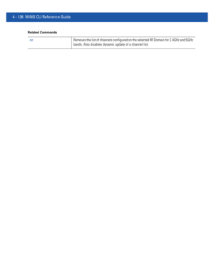 Page 3024 - 136 WiNG CLI Reference Guide
Related Commands
noRemoves the list of channels configured on the selected RF Domain for 2.4GHz and 5GHz 
bands. Also disables dynamic update of a channel list. 