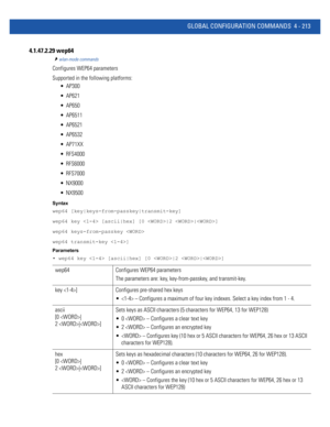 Page 379GLOBAL CONFIGURATION COMMANDS 4 - 213
4.1.47.2.29 wep64
wlan-mode commands
Configures WEP64 parameters
Supported in the following platforms:
 AP300
 AP621
 AP650
 AP6511
 AP6521
 AP6532
 AP71XX
 RFS4000
 RFS6000
 RFS7000
 NX9000
 NX9500
Syntax
wep64 [key|keys-from-passkey|transmit-key]
wep64 key  [ascii|hex] [0 |2 |]
wep64 keys-from-passkey 
wep64 transmit-key ]
Parameters
• wep64 key  [ascii|hex] [0 |2 |]
wep64 Configures WEP64 parameters
The parameters are: key, key-from-passkey, and transmit-key.
key...