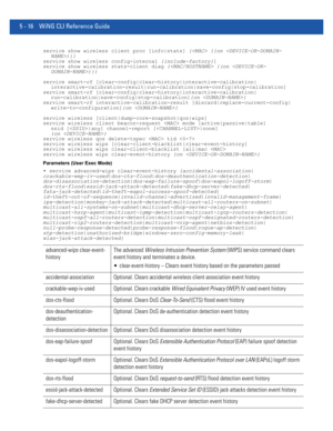 Page 4025 - 16 WiNG CLI Reference Guide
service show wireless client proc [info|stats] { {{on )}}
service show wireless config-internal {include-factory}]
service show wireless stats-client diag { {(on )}}
service smart-rf [clear-config|clear-history|interactive-calibration|
interactive-calibration-result|run-calibration|save-config|stop-calibration]
service smart-rf [clear-config|clear-history|interactive-calibration|
run-calibration|save-config|stop-calibration]{on }
service smart-rf...