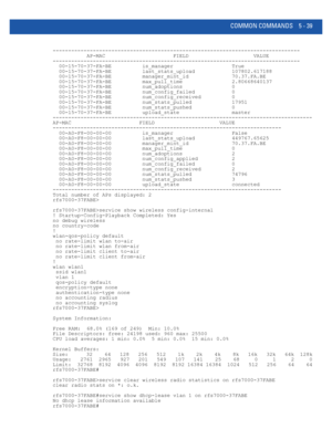 Page 425COMMON COMMANDS 5 - 39
--------------------------------------------------------------------------------
           AP-MAC                      FIELD                     VALUE
--------------------------------------------------------------------------------
  00-15-70-37-FA-BE          is_manager                   True
  00-15-70-37-FA-BE          last_stats_upload            107802.617188
  00-15-70-37-FA-BE          manager_mint_id              70.37.FA.BE
  00-15-70-37-FA-BE          max_pull_time...