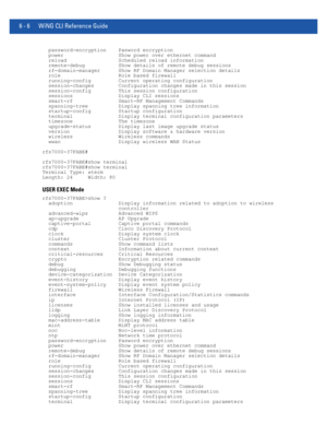 Page 4346 - 6 WiNG CLI Reference Guide
  password-encryption    Pasword encryption
  power                  Show power over ethernet command
  reload                 Scheduled reload information
  remote-debug           Show details of remote debug sessions
  rf-domain-manager      Show RF Domain Manager selection details
  role                   Role based firewall
  running-config         Current operating configuration
  session-changes        Configuration changes made in this session
  session-config...