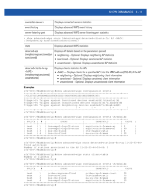 Page 439SHOW COMMANDS 6 - 11
• show advanced-wips stats [detected-aps|detected-clients-for AP ] 
{[neighboring|sanstioned|unsanctioned]}
Examples
rfs7000-37FABE(config)#show advanced-wips configuration events
+------+----+---------------------------------------------+----------+----
|POLICY|SLNO|NAME|AUTHORIZED|UNAUTHORIZED|NEIGHBORING|
+------+----+---------------------------------------------+----------+----
Trigger-S: Trigger against Sanctioned devices enabled(Y)/disabled(N)
Trigger-U: Trigger against...