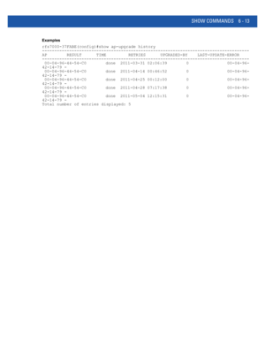 Page 441SHOW COMMANDS 6 - 13
Examples
rfs7000-37FABE(config)#show ap-upgrade history
------------------------------------------------------------------------------------  
  
  
  
  
  
  
  
AP        RESULT      TIME         RETRIES      UPGRADED-BY    LAST-UPDATE-ERROR
------------------------------------------------------------------------------------
 00-04-96-44-54-C0        done  2011-03-31 02:06:39        0                00-04-96-
42-14-79 -
 00-04-96-44-54-C0        done  2011-04-14 00:46:52        0...