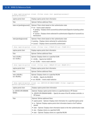 Page 4446 - 16 WiNG CLI Reference Guide
• show captive-portal client {filter state [not [pending|success]|
pending|success]}
• show captive-portal client {filter vlan [|not ]}
• show captive-portal client {filter wlan [|not ]}
• show captive-portal client {on  filter [captive-
portal|ip|state|vlan|wlan]}
captive-portal client Displays captive portal client information
filter Optional. Defines additional filters
state not [pending|success]] Optional. Filters clients based on their authentication state
 not –...