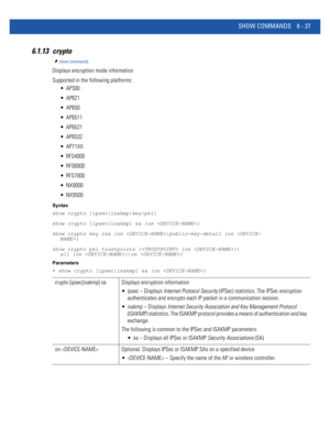 Page 455SHOW COMMANDS 6 - 27
6.1.13 crypto
show commands
Displays encryption mode information
Supported in the following platforms:
 AP300
 AP621
 AP650
 AP6511
 AP6521
 AP6532
 AP71XX
 RFS4000
 RFS6000
 RFS7000
 NX9000
 NX9500
Syntax
show crypto [ipsec|isakmp|key|pki]
show crypto [ipsec|isakmp] sa {on }
show crypto key rsa {on |public-key-detail {on }
show crypto pki trustpoints { {on }|
all {on }|on }
Parameters
• show crypto [ipsec|isakmp] sa {on }
crypto [ipsec|isakmp] sa Displays encryption information...