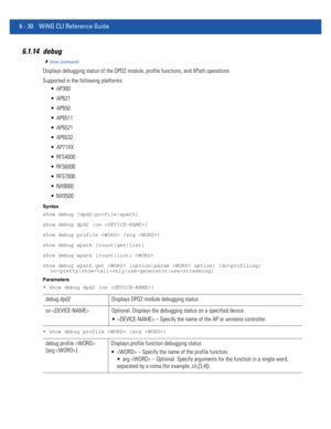 Page 4586 - 30 WiNG CLI Reference Guide
6.1.14 debug
show commands
Displays debugging status of the DPD2 module, profile functions, and XPath operations
Supported in the following platforms:
 AP300
 AP621
 AP650
 AP6511
 AP6521
 AP6532
 AP71XX
 RFS4000
 RFS6000
 RFS7000
 NX9000
 NX9500
Syntax
show debug [dpd2|profile|xpath]
show debug dpd2 {on }
show debug profile  {arg }
show debug xpath [count|get|list]
show debug xpath [count|list] 
show debug xpath get  {option|param  option} [do-profiling|...