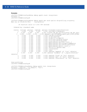 Page 4606 - 32 WiNG CLI Reference Guide
Examples
rfs7000-37FABE(config)#show debug xpath count /wing-stats
Success: 4
rfs7000-37FABE(config)#
rfs7000-37FABE(config)#show debug xpath get word option do-profiling no-pretty
Wed Jun 22 09:28:34 2011    /var/profile
         26 function calls in 0.001 CPU seconds
   Ordered by: standard name
   ncalls  tottime  percall  cumtime  percall filename:lineno(function)
        1    0.000    0.000    0.001    0.001 :1()
        1    0.000    0.000    0.001    0.001...