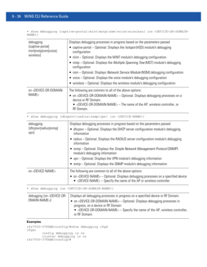 Page 4626 - 34 WiNG CLI Reference Guide
• show debugging {captive-portal|mint|mstp|nsm|voice|wireless} {on }
• show debugging {dhcpsvr|radius|snmp|vpn} {on }
• show debugging {on }
Examples
rfs7000-37FABE(config)#show debugging cfgd
cfgd:
        config debugging is on
        cluster debugging is on
rfs7000-37FABE(config)#
debugging 
{captive-portal|
mint|mstp|nsm|voice|
wireless}Displays debugging processes in progress based on the parameters passed
 captive-portal – Optional. Displays the hotspot (HSD)...