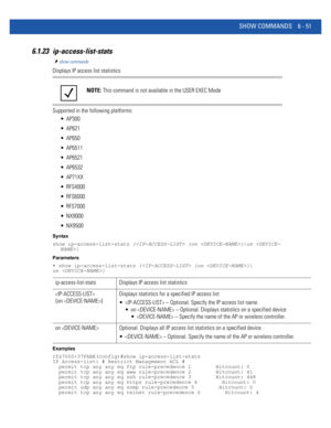 Page 479SHOW COMMANDS 6 - 51
6.1.23 ip-access-list-stats
show commands
Displays IP access list statistics
Supported in the following platforms:
 AP300
 AP621
 AP650
 AP6511
 AP6521
 AP6532
 AP71XX
 RFS4000
 RFS6000
 RFS7000
 NX9000
 NX9500
Syntax
show ip-access-list-stats { {on }|on }
Parameters
• show ip-access-list-stats { {on }|
on }
Examples
rfs7000-37FABE(config)#show ip-access-list-stats
IP Access-list: # Restrict Management ACL #
  permit tcp any any eq ftp rule-precedence 1        Hitcount: 0
  permit...