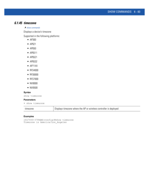 Page 511SHOW COMMANDS 6 - 83
6.1.45 timezone
show commands
Displays a device’s timezone
Supported in the following platforms:
 AP300
 AP621
 AP650
 AP6511
 AP6521
 AP6532
 AP71XX
 RFS4000
 RFS6000
 RFS7000
 NX9000
 NX9500
Syntax
show timezone
Parameters
• show timezone
Examples
rfs7000-37FABE(config)#show timezone
Timezone is America/Los_Angeles
timezone Displays timezone where the AP or wireless controller is deployed 