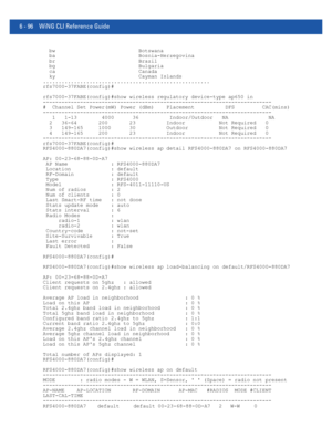 Page 5246 - 96 WiNG CLI Reference Guide
  bw                           Botswana
  ba                           Bosnia-Herzegovina
  br                           Brazil
  bg                           Bulgaria
  ca                           Canada
  ky                           Cayman Islands
......................................................
rfs7000-37FABE(config)#
rfs7000-37FABE(config)#show wireless regulatory device-type ap650 in
--------------------------------------------------------------------------
#...