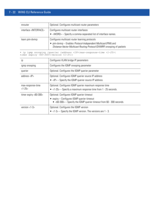 Page 5487 - 22 WiNG CLI Reference Guide
• ip igmp snooping {querier {address |max-response-time |
timer expiry |version }}
mrouter Optional. Configures multicast router parameters
interface  Configures multicast router interfaces
  – Specify a comma-separated list of interface names.
learn pim-dvmrp Configures multicast router learning protocols
 pim-dvmrp – Enables Protocol-Independent Multicast (PIM) and 
Distance-Vector Multicast Routing Protocol (DVMRP) snooping of packets
ip Configures VLAN bridge IP...