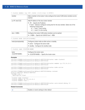 Page 5587 - 32 WiNG CLI Reference Guide
• cluster member [ip  {level [1|2]}|vlan ]
• cluster mode [active|standby]
• cluster name 
Examples
rfs7000-37FABE(config-profile-default-RFS7000)#cluster name cluster1
rfs7000-37FABE(config-profile-default-RFS7000)#
rfs7000-37FABE(config-profile-default-RFS7000)#cluster member ip 172.16.10.3 
rfs7000-37FABE(config-profile-default-RFS7000)#
rfs7000-37FABE(config-profile-default-RFS7000)#cluster mode active
rfs7000-37FABE(config-profile-default-RFS7000)#...