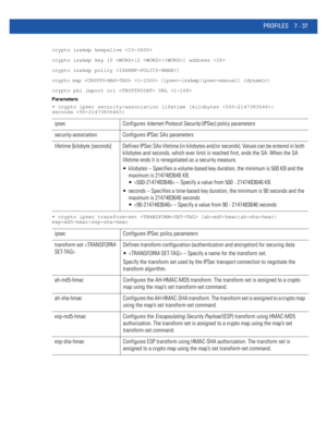 Page 563PROFILES 7 - 37
crypto isakmp keepalive 
crypto isakmp key [0 |2 |] address 
crypto isakmp policy ]
crypto map   [ipsec-isakmp|ipsec-manual] {dynamic}
crypto pki import crl  URL 
Parameters
• crypto ipsec security-association lifetime [kilobytes |
seconds ]
• crypto ipsec transform-set  [ah-md5-hmac|ah-sha-hmac|
esp-md5-hmac|esp-sha-hmac
ipsec Configures Internet Protocol Security (IPSec) policy parameters
security-association Configures IPSec SAs parameters
lifetime [kilobyte |seconds] Defines IPSec SAs...