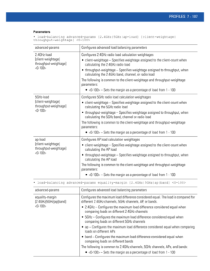 Page 633PROFILES 7 - 107
Parameters
• load-balancing advanced-params [2.4GHz|5GHz|ap-load] [client-weightage|
throughput-weightage] 
• load-balancing advanced-params equality-margin [2.4GHz|5GHz|ap|band] 
advanced-params Configures advanced load balancing parameters
2.4GHz-load 
[client-weightage|
throughput-weightage] 
Configures 2.4GHz radio load calculation weightages
 client-weightage – Specifies weightage assigned to the client-count when 
calculating the 2.4GHz radio load
 throughput-weightage – Specifies...