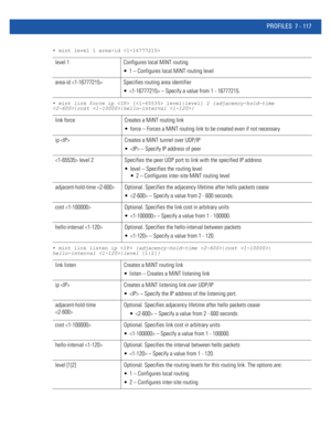 Page 643PROFILES 7 - 117
• mint level 1 area-id 
• mint link force ip  [ level|level] 2 {adjacency-hold-time 
|cost |hello-interval }
• mint link listen ip  {adjacency-hold-time |cost |
hello-interval |level [1|2]}
level 1 Configures local MiNT routing
 1 – Configures local MiNT routing level
area-id  Specifies routing area identifier
  – Specify a value from 1 - 16777215.
link force Creates a MiNT routing link
 force – Forces a MiNT routing link to be created even if not necessary
ip  Creates a MiNT tunnel over...