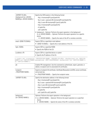 Page 69USER EXEC MODE COMMANDS 2 - 23
• crypto pki trustpoint   {background {on }|on |passphrase  background {on }|
on }}
 
{background {on /path/file
http://[:port]/path/file
cf:/path/file
usb1:/path/file
 background – Optional. Performs the export operation in the background
 on  – Optional. Performs the export operation on a specific 
device.
  – Specify the name of the AP or wireless controller.
email  Exports CSR to a specified e-mail address
  – Specify the e-mail address of the CA.
fqdn  Exports CSR to a...