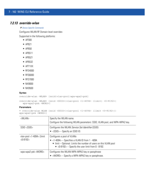 Page 6887 - 162 WiNG CLI Reference Guide
7.2.13 override-wlan
Device Specific Commands
Configures WLAN RF Domain level overrides
Supported in the following platforms:
 AP300
 AP621
 AP650
 AP6511
 AP6521
 AP6532
 AP71XX
 RFS4000
 RFS6000
 RFS7000
 NX9000
 NX9500
Syntax
override-wlan  [ssid|vlan-pool|wpa-wpa2-psk]
override-wlan  [ssid |vlan-pool  {limit} |
wpa-wpa2-psk ]
Parameters
• override-wlan WLAN [ssid |vlan-pool  {limit }|
wpa-wpa2-psk ]
 Specify the WLAN name.
Configure the following WLAN parameters:...