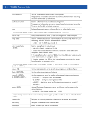 Page 7028 - 4 WiNG CLI Reference Guide
• accounting server  [dscp |retry-timeout-factor ]
• accounting server  host  secret [0 |2 |] 
{port }
• accounting server  nai-routing realm-type [prefix|suffix] realm  
{strip}
auth-server-host Sets the authentication server as the accounting server
This parameter indicates the same server is used for authentication and accounting. 
The server is referred to by its hostname.
auth-server-number Sets the authentication server as the accounting server
This parameter...