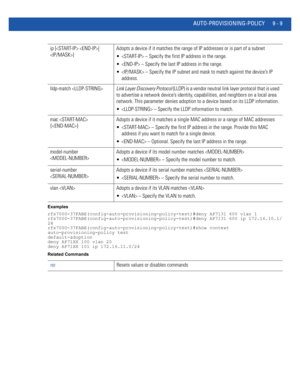 Page 727AUTO-PROVISIONING-POLICY 9 - 9
Examples
rfs7000-37FABE(config-auto-provisioning-policy-test)#deny AP7131 600 vlan 1
rfs7000-37FABE(config-auto-provisioning-policy-test)#deny AP7131 600 ip 172.16.10.1/
24
rfs7000-37FABE(config-auto-provisioning-policy-test)#show context
auto-provisioning-policy test
default-adoption
deny AP71XX 100 vlan 20
deny AP71XX 101 ip 172.16.11.0/24
Related Commands
ip [ |
]Adopts a device if it matches the range of IP addresses or is part of a subnet
  – Specify the first IP...