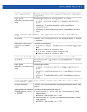 Page 737ADVANCED-WIPS-POLICY 10 - 7
• event dos-cts-flood threshold [cts-frames-ratio |mu-rx-cts-frame ]
• event dos-cts-flood trigger-against (neighboring,sanctioned,unsanctioned)
• event dos-eapol-logoff-storm threshold [eapol-start-frames-ap |eapol-
start-frames-mu 
invalid-management-frame This event occurs when an invalid management frame is detected in the controller 
managed network
trigger-against 
(neighboring,sanctioned,unsanct
ioned)Sets the trigger condition. The following conditions are available:...