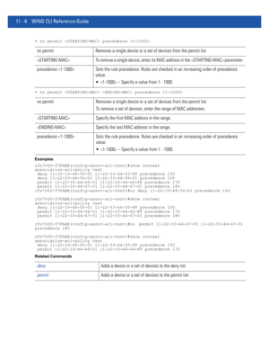 Page 75211 - 6 WiNG CLI Reference Guide
• no permit  precedence 
• no permit   precedence 
Examples
rfs7000-37FABE(config-assoc-acl-test)#show context
association-acl-policy test
 deny 11-22-33-44-55-01 11-22-33-44-55-FF precedence 150
 deny 11-22-33-44-56-01 11-22-33-44-56-01 precedence 160
 permit 11-22-33-44-66-01 11-22-33-44-66-FF precedence 170
 permit 11-22-33-44-67-01 11-22-33-44-67-01 precedence 180
rfs7000-37FABE(config-assoc-acl-test)#no deny 11-22-33-44-56-01 precedence 160...