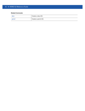 Page 76812 - 14 WiNG CLI Reference Guide
Related Commands
denyCreates a deny ACL
permitCreates a permit ACL 