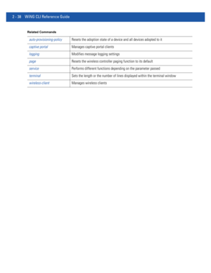 Page 842 - 38 WiNG CLI Reference Guide
Related Commands
auto-provisioning-policyResets the adoption state of a device and all devices adopted to it
captive portalManages captive portal clients
loggingModifies message logging settings
pageResets the wireless controller paging function to its default
servicePerforms different functions depending on the parameter passed
terminalSets the length or the number of lines displayed within the terminal window
wireless-clientManages wireless clients 