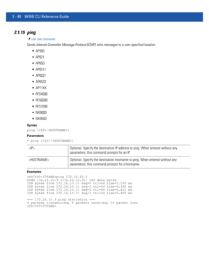 Page 862 - 40 WiNG CLI Reference Guide
2.1.15 ping
User Exec Commands
Sends Internet Controller Message Protocol (ICMP) echo messages to a user-specified location
 AP300
 AP621
 AP650
 AP6511
 AP6521
 AP6532
 AP71XX
 RFS4000
 RFS6000
 RFS7000
 NX9000
 NX9500
Syntax
ping [|]
Parameters
• ping [|]
Examples
rfs7000-37FABE>ping 172.16.10.3
PING 172.16.10.3 (172.16.10.3): 100 data bytes
108 bytes from 172.16.10.3: seq=0 ttl=64 time=7.100 ms
108 bytes from 172.16.10.3: seq=1 ttl=64 time=0.390 ms
108 bytes from...