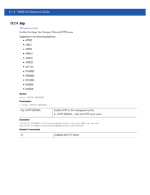 Page 90017 - 8 WiNG CLI Reference Guide
17.1.4 http
management-policy
Enables the Hyper Text Transport Protocol (HTTP) server
Supported in the following platforms:
 AP300
 AP621
 AP650
 AP6511
 AP6521
 AP6532
 AP71XX
 RFS4000
 RFS6000
 RFS7000
 NX9000
 NX9500
Syntax
http 
Parameters
• http 
Examples
rfs7000-37FABE(config-management-policy-test)#http server
rfs7000-37FABE(config-management-policy-test)#
Related Commands
http  Enables HTTP on this management policy
  – Sets the HTTP server name
noDisables the...