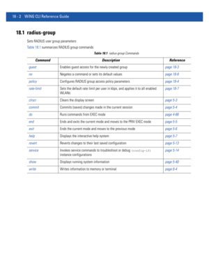 Page 91818 - 2 WiNG CLI Reference Guide
18.1 radius-group
Sets RADIUS user group parameters
Table 18.1 summarizes RADIUS group commands
Table 18.1radius-group Commands
Command Description Reference
guestEnables guest access for the newly created grouppage 18-3
noNegates a command or sets its default valuespage 18-8
policyConfigures RADIUS group access policy parameterspage 18-4
rate-limitSets the default rate limit per user in kbps, and applies it to all enabled 
WLANspage 18-7
clrscrClears the display...