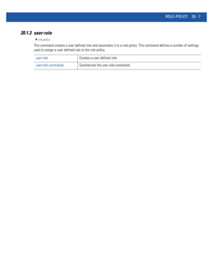 Page 965ROLE-POLICY 20 - 7
20.1.3 user-role
role-policy
This command creates a user defined role and associates it to a role policy. This command defines a number of settings 
used to assign a user defined role to the role policy.
user-roleCreates a user defined role
user-role commandsSummarizes the user role commands 