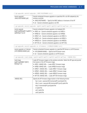 Page 99PRIVILEGED EXEC MODE COMMANDS 3 - 7
• ap-upgrade cancel-upgrade [|all]
• ap-upgrade cancel-upgrade [ap621|ap650|ap651|ap6521|ap6532|ap71xx] all
• ap-upgrade cancel-upgrade on rf-domain [|all]
• ap-upgrade load-image [ap621|ap650|ap6511|ap6521|ap6532|ap71xx] 
cancel-upgrade [
|all]Cancels scheduled firmware upgrade on a specified AP or all APs adopted by the 
wireless controller
  – Specify the MAC address or hostname of the AP.
 all – Cancels scheduled upgrade on all APs
cancel-upgrade...