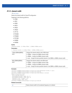 Page 989SMART-RF-POLICY 21 - 7
21.1.4 channel-width
smart-rf-policy
Selects the channel width for Smart RF configuration
Supported in the following platforms:
 AP300
 AP621
 AP650
 AP6511
 AP6521
 AP6532
 AP71XX
 RFS4000
 RFS6000
 RFS7000
 NX9000
 NX9500
Syntax
channel-width [2.4GHz|5GHz] [20MHz|40MHz|auto]
Parameters
• channel-width [2.4GHz|5GHz] [20MHz|40MHz|auto]
Examples
rfs7000-37FABE(config-smart-rf-policy-test)#channel-width 5 auto
rfs7000-37FABE(config-smart-rf-policy-test)#...