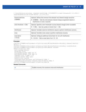 Page 995SMART-RF-POLICY 21 - 13
• interference-recovery {channel-hold-time []|client-threshold []|
interference|noise|noise-factor []}
Examples
rfs7000-37FABE(config-smart-rf-policy-test)#interference-recovery channel-switch-
delta 5 5
rfs7000-37FABE(config-smart-rf-policy-test)#interference-recovery interference
rfs7000-37FABE(config-smart-rf-policy-test)#show context
smart-rf-policy test
 auto-assign-sensor
 group-by floor
 assignable-power 5GHz min 8
 assignable-power 5GHz max 20
 channel-list 2.4GHz 1,12...