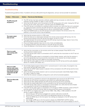 Page 109
Troubleshooting
QIP7232 Quick Start Guide
Troubleshooting
Troubleshooting guidelines follow. If problems still occur after performing the diagnostics, call your service provider for assistance.
Problem — If this occurs:Solution — Then do one of the following:
The QIP set-top will 
not power on
The QIP set-top may have received a software update and may not power on while the new •	
software is being installed. Try again in a few minutes.
Verify that the AC power cord is connected to the QIP set-top and...