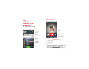 Page 1311
Calls
Callsit’s good to talkQuick start: CallsDialing optionsFrom the home screen, touch . .
Abe BaudoMobile 1-555-555-5555         May 25GHIABC DEF
MNO
TUV
PQRS WXYZ4 12
3
6
8
7
9
0
5
JKL
*
+
#
12:451:53
PM12:452:02
Return call.
Recent 
Calls List
Touch to open, 
then touch an 
entry to call.
Enter a phone 
number & 
touch here to 
call it. Add number to 
contacts.Voice dial.Delete
Recent Contacts Favorites
Dialer
Most recent
In-call optionsDuring a call:

To use a Bluetooth® device, touch Bluetooth....