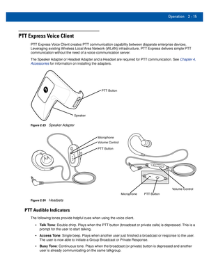 Page 35Operation 2 - 15
PTT Express Voice Client
PTT Express Voice Client creates PTT communication capability between disparate enter\
prise devices. 
Leveraging existing Wireless Local Area Network (WLAN) infrastructure, PTT Express delivers simple PTT 
communication without the need of a voice communication server.
The Speaker Adapter or Headset Adapter and a Headset are required for PTT communication. See  Chapter 4, 
Accessories for information on installing the adapters.
PTT Button
Speaker
Figure...