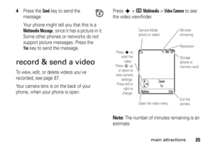 Page 3535
main attractions
4
Press the 
Send
key to send the 
message.
Your phone might tell you that this is a 
Multimedia Message
, since it has a picture in it. 
Some other phones or networks do not 
support picture messages. Press the 
Yes
key to send the message.
record & send a videoTo view, edit, or delete videos you’ve 
recorded, see page 87.
Your camera lens is on the back of your 
phone, when your phone is open.Press 
s
 >
hMultimedia
 >
Video Camera
 to see 
the video viewfinder.
Note: 
The number of...