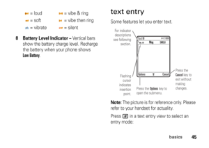 Page 4545
basics
8 Battery Level Indicator –
 Vertical bars 
show the battery charge level. Recharge 
the battery when your phone shows 
Low Battery
.
text entrySome features let you enter text.Note: 
The picture is for reference only. Please 
refer to your handset for actuality.
Press #
 in a text entry view to select an 
entry mode: = loud = vibe & ring
= soft = vibe then ring
= vibrate = silent 
M
Vk
 
For indicator 
descriptions 
see following 
section.
Flashing 
cursor 
indicates 
insertion 
point.Press...