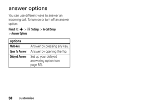 Page 5858
customize
answer optionsYou can use different ways to answer an 
incoming call. To turn on or turn off an answer 
option:Find it: 
s
>wSettings
 >
In-Call Setup
 
>
Answer OptionsoptionsMulti-key 
Answer by pressing any key.
Open To Answer
Answer by opening the flip.
Delayed Answer
Set up your delayed 
answering option (see 
page 59). 