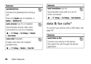 Page 8080
other features
data & fax calls*To connect your phone with a USB cable, see 
page 40.
features
speakerphoneActivate the speakerphone during a 
call:
Press the 
Speaker
key (if available, or 
Options
>Spkrphone On
).
auto answer
 (car kit or headset)
Automatically answer calls when 
connected to a car kit or headset:
s
>wSettings
 >
Car Settings
 or 
Headset
 
>
Auto Answervoice dial
 (headset)
Enable voice dial with headset 
send/end key:
s
>wSettings
 >
Headset
 >
Voice Dial
auto handsfree
 (car...