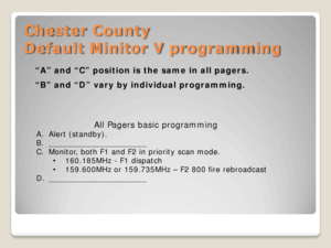 Page 6Chester County 
Default Minitor V programming 
All Pagers basic programming 
A. Alert (standby).  
B. _____________________  
C. Monitor, both F1 and F2 in priority  scan mode. 
• 160.185MHz  - F1 dispatch  
• 159.600MHz or 159.735MHz  – F2 800 fire rebroadcast  
D. _____________________  
“A” and “C” position is the same in all pagers.  
“B” and “D” vary by individual programming.   